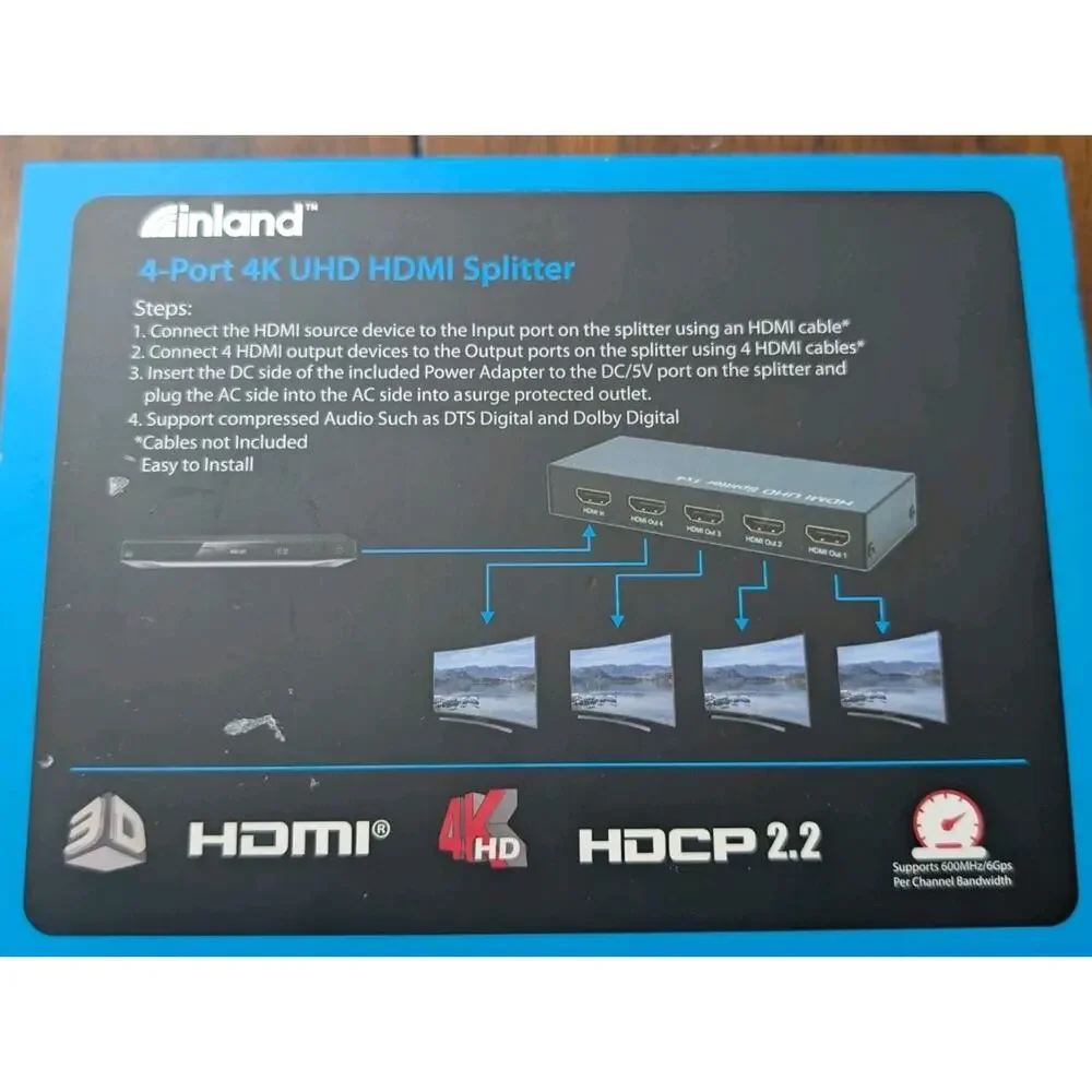 Inland 4 Port 4K UHD HDMI Splitter 1x4 HDCP 2.2 Powered Multi Display Box